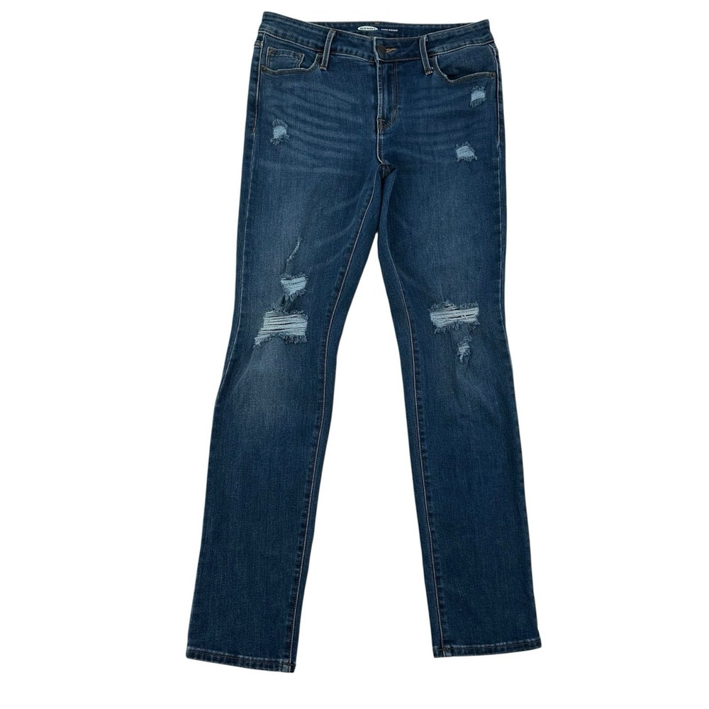 Old Navy Womens 8 Long Power Straight Distressed Jeans Dark Wash Denim Ripped
